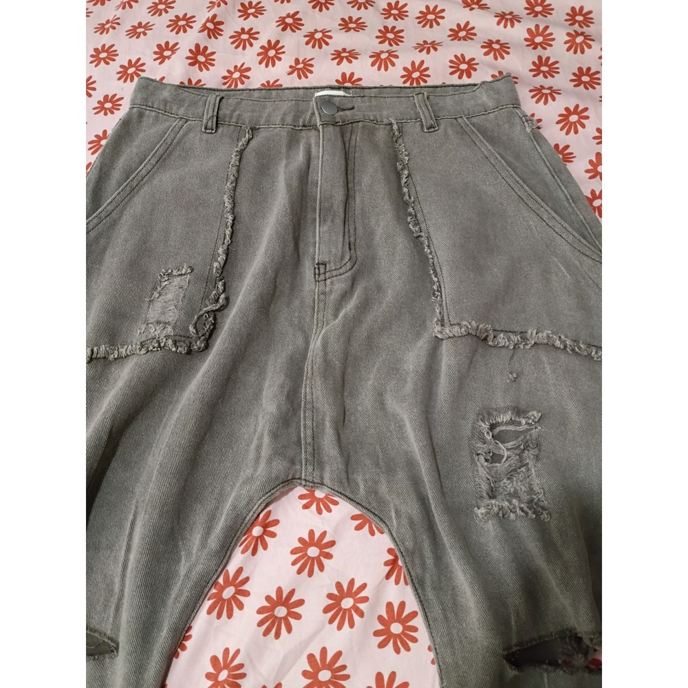 POL Distressed Drop Crotch Jeans Washed Boho Western Chic Frayed Wide Leg Large - Picture 2 of 8